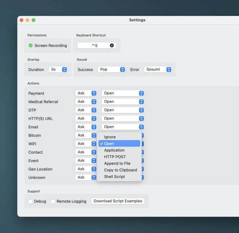 The ScanCode Actions settings, mapping each code type to an action