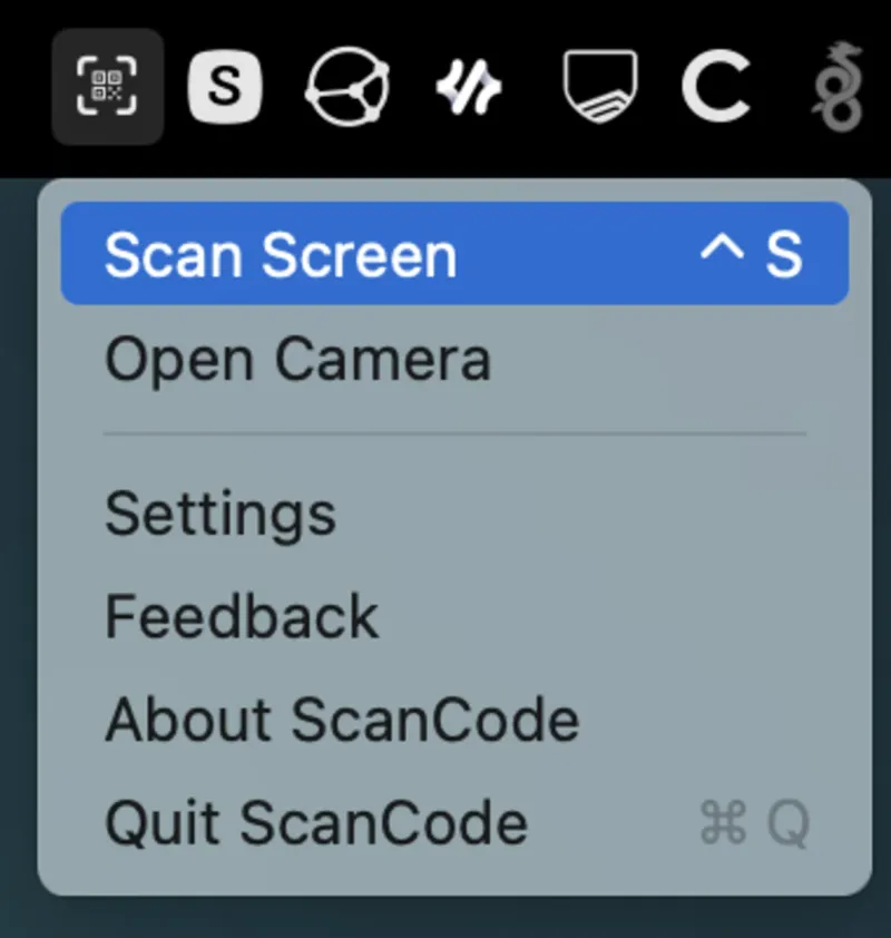 The ScanCode menu bar item open, showing Scan Screen and Open Camera