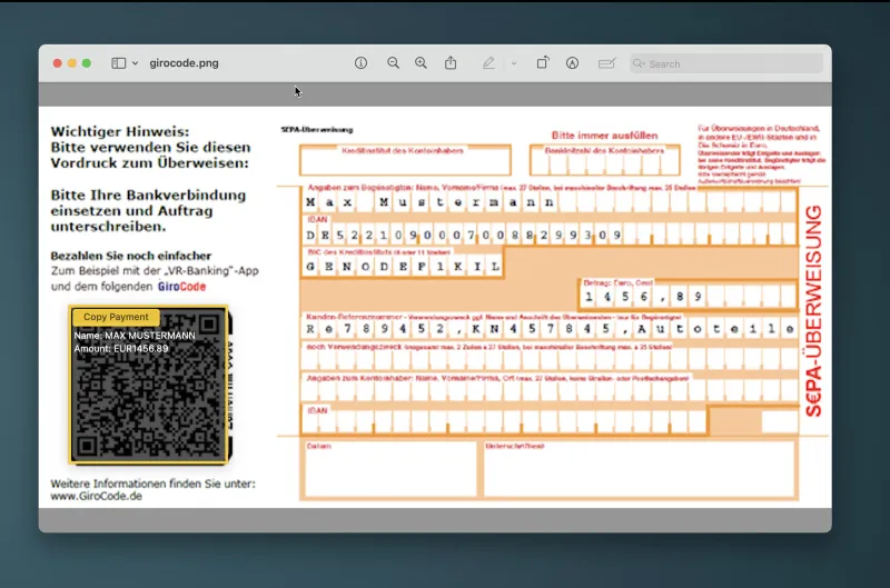A scanned SEPA payment form, decoded and laid out as readable payment details